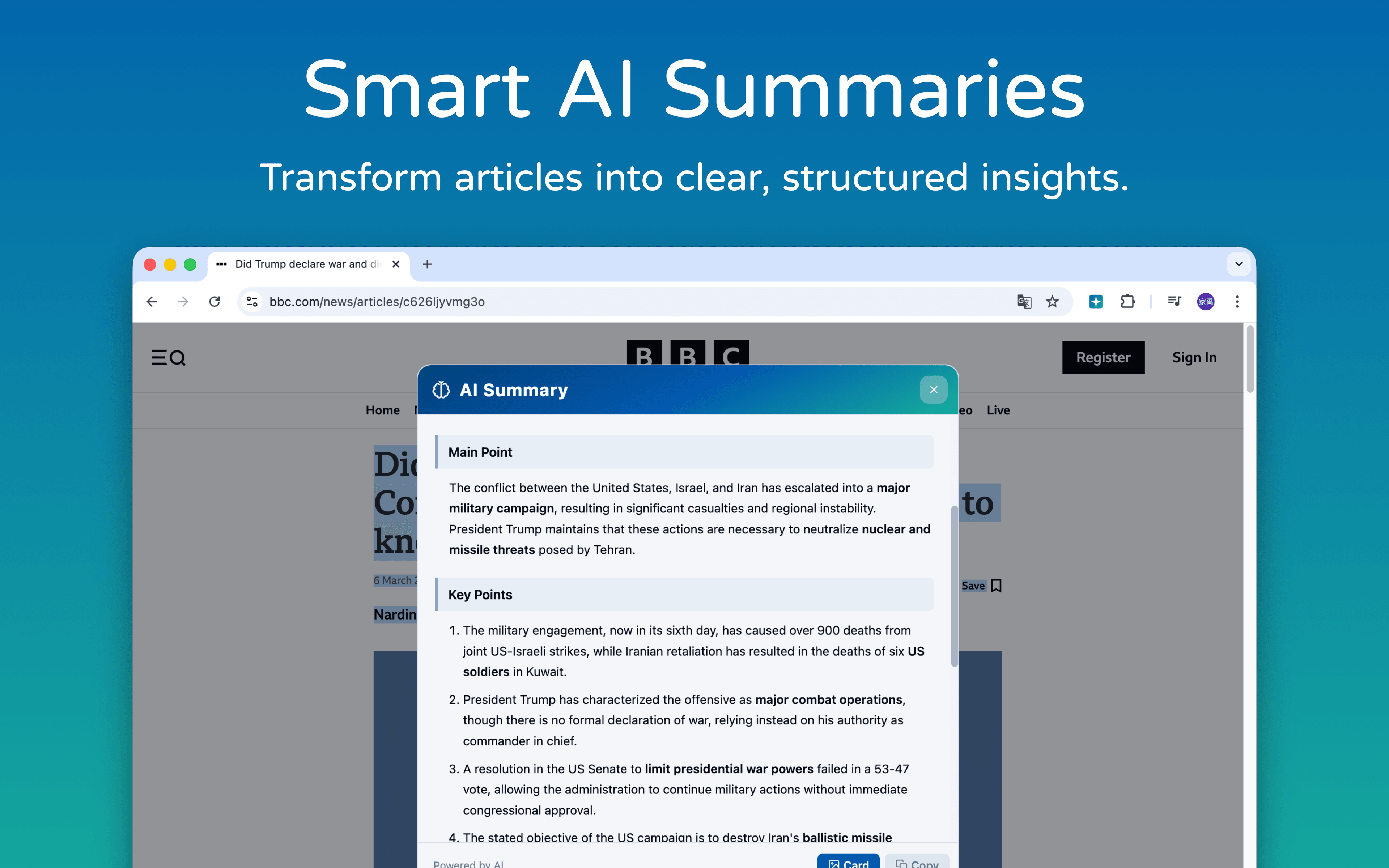 Summarize long articles, posts, and documents in one click with advanced AI.